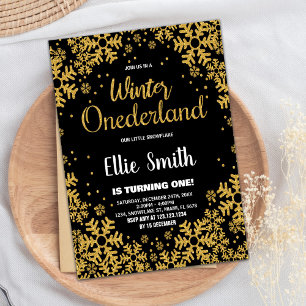 Winter ONEderland Birthday Invitations Gold Black