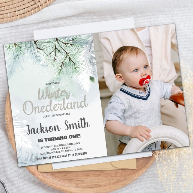 Winter ONEderland Birthday Invitations Pine Photo (Winter ONEderland Birthday Invitations Pine Photo)
