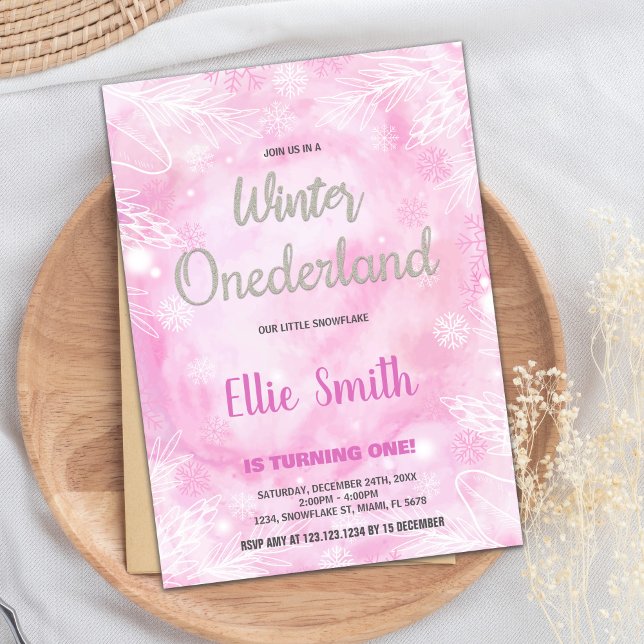 Winter ONEderland Birthday Invitations Pink Glitte (Winter ONEderland Birthday Invitations Pink Glitte)