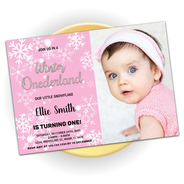 Winter Onederland Birthday Invitations Pink Photo (Winter Onederland Birthday Invitations Pink Photo)