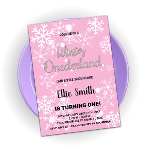 Winter Onederland Birthday Invitations Pink Silver
