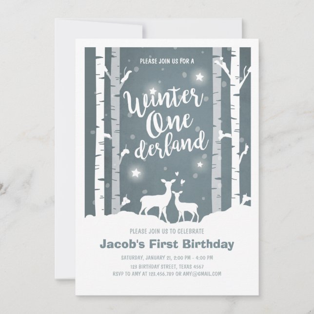Winter Onederland birthday invite Deer Birch Trees (Front)