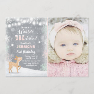 Winter Onederland birthday invite Mint pink deer