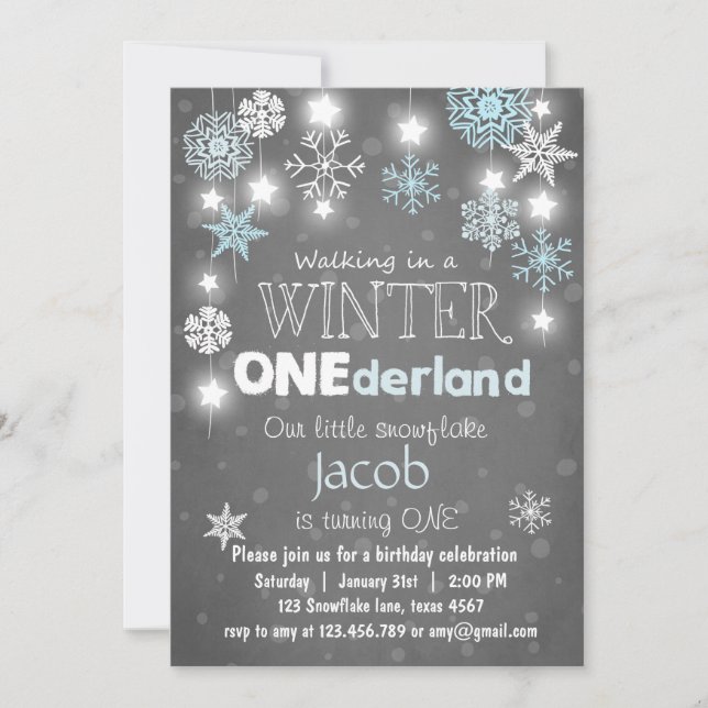 Winter Onederland birthday party invite Blue boy (Front)