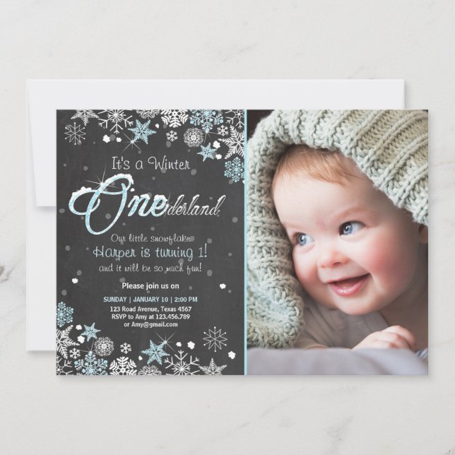 Winter Onederland birthday party invite Blue white (Front)