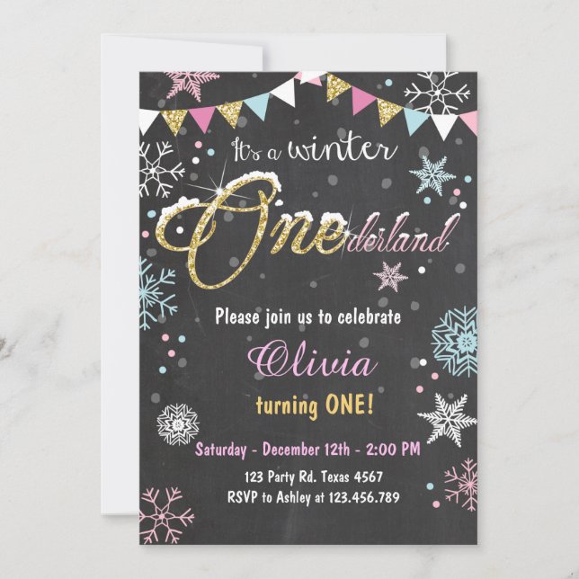 Winter Onederland birthday party invite Girl (Front)