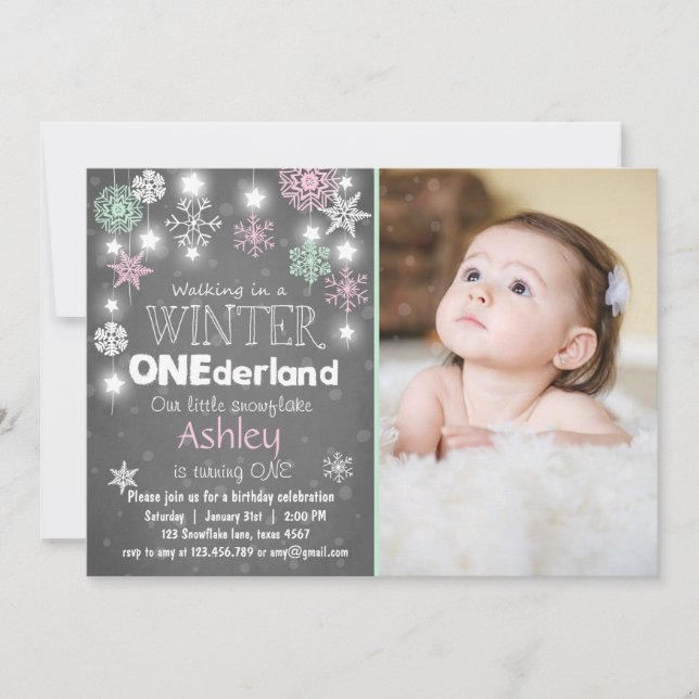 Winter Onederland birthday party invite Mint pink (Front)