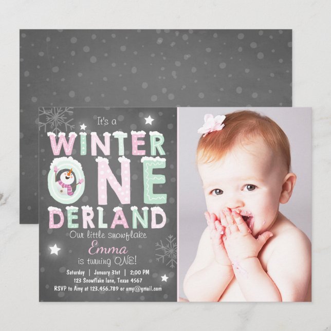 Winter Onederland birthday party invite Mint pink (Front/Back)