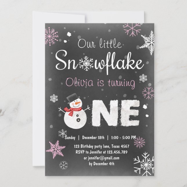 Winter Onederland birthday party snowman Pink Invitation (Front)
