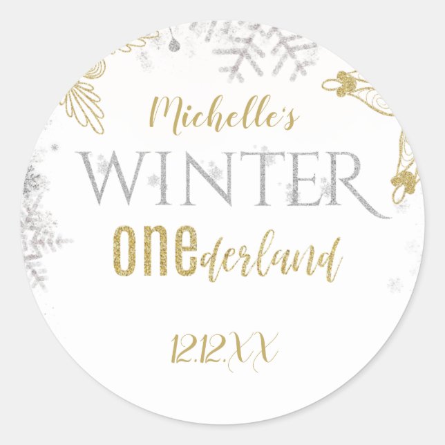 Winter Onederland Birthday Silver Gold Snowflake Classic Round Sticker (Front)