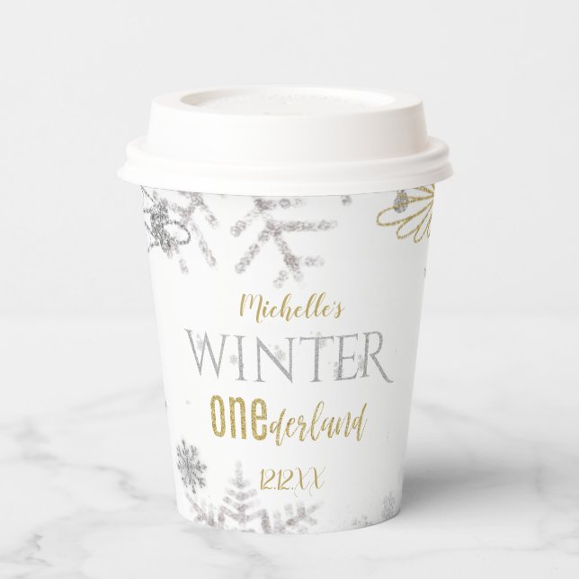 Winter Onederland Birthday Silver Gold Snowflake Paper Cups (Left)