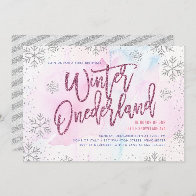 Winter ONEderland Birthday Silver Magenta Glitter Invitation (Front/Back)