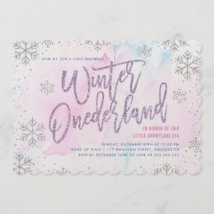Winter ONEderland Birthday Silver Purple Pink Invitation