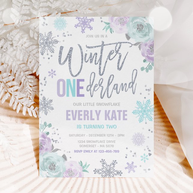 Winter ONEderland Birthday Silver Purple Snowflake Invitation (Creator Uploaded)