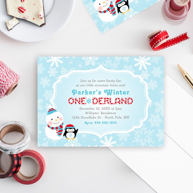 Winter ONEderland Birthday Snowman and Penguin Invitation (Creator Uploaded)