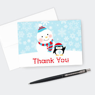 Winter ONEderland Birthday Snowman and Penguin Thank You Card