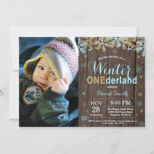 Winter Onederland Blue and Gold Boy 1st Birthday Invitation