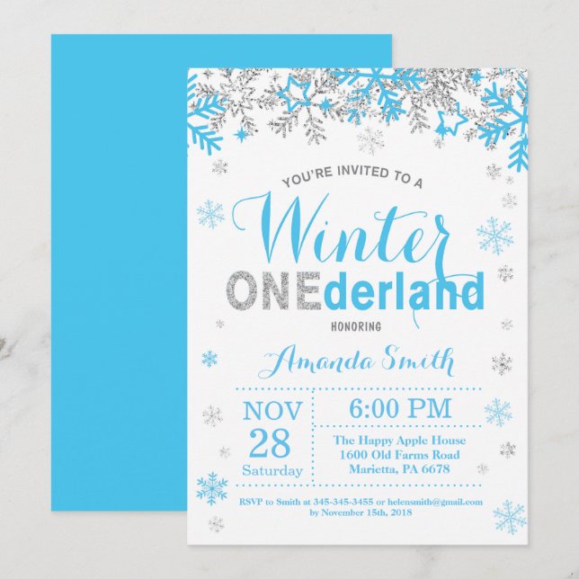 Winter Onederland Blue and Silver Boy 1st Birthday Invitation (Front/Back)