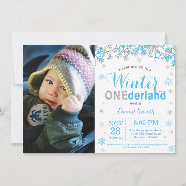 Winter Onederland Blue and Silver Boy 1st Birthday Invitation (Front)