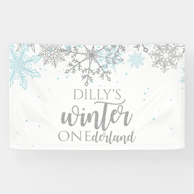 Winter Onederland Blue and Silver Snowflake Banner (Horizontal)