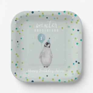 Winter Onederland Blue Balloon Penguin Birthday Paper Plate