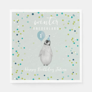 Winter Onederland Blue Birthday Balloon Penguin Napkin