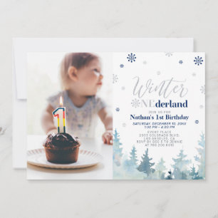 Winter Onederland  Blue Boy 1st Birthday Photo Inv Invitation