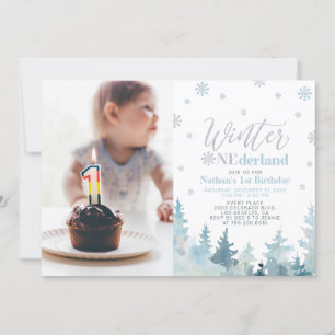 Winter Onederland  Blue Boy 1st Birthday Photo Invitation
