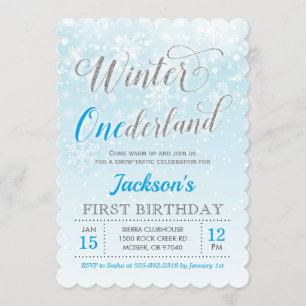 Winter Onederland Blue Boy First Birthday Party Invitation