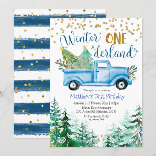 Winter Onederland Blue Christmas Truck Birthday Invitation