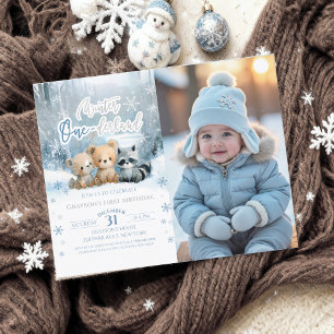Winter Onederland Blue First Bday Photo Invitation