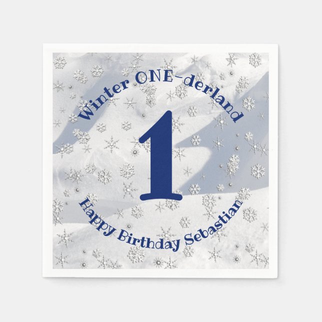 Winter ONEderland Blue First Birthday Snowflakes Napkin (Front)