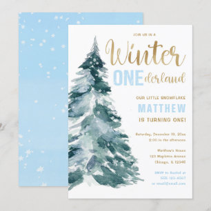 Winter ONEderland blue gold boy 1st birthday Invitation