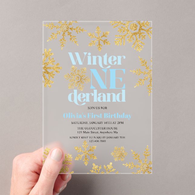 Winter Onederland Blue Gold Snowflake 1st Birthday Acrylic Invitations (Insitu (Handheld))
