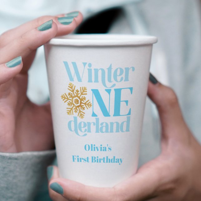 Winter Onederland Blue Gold Snowflake 1st Birthday Paper Cups (Creator Uploaded)