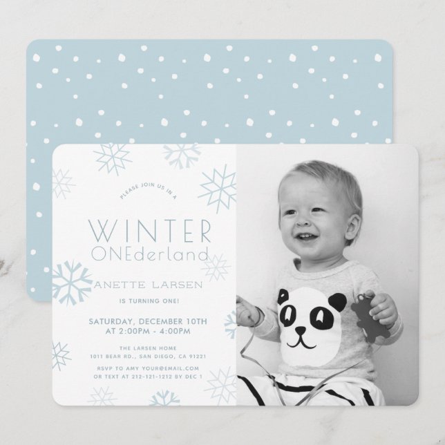 Winter Onederland Blue Photo 1st Birthday Invitation (Front/Back)