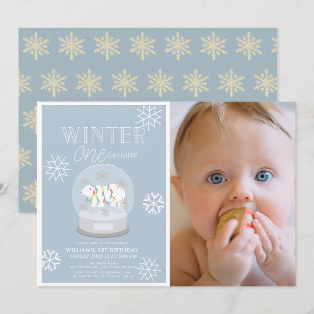 Winter Onederland Blue Photo 1st Birthday Invitation (Front/Back)