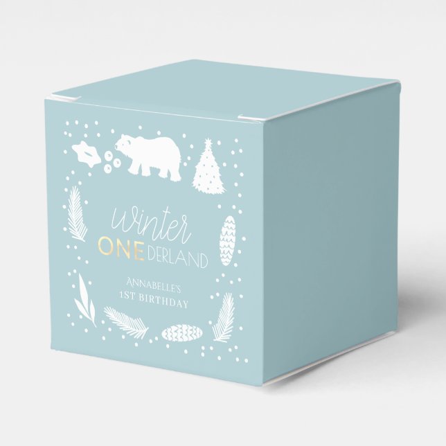Winter ONEderland Blue Polar Bear 1st Birthday Favour Box (Front Side)