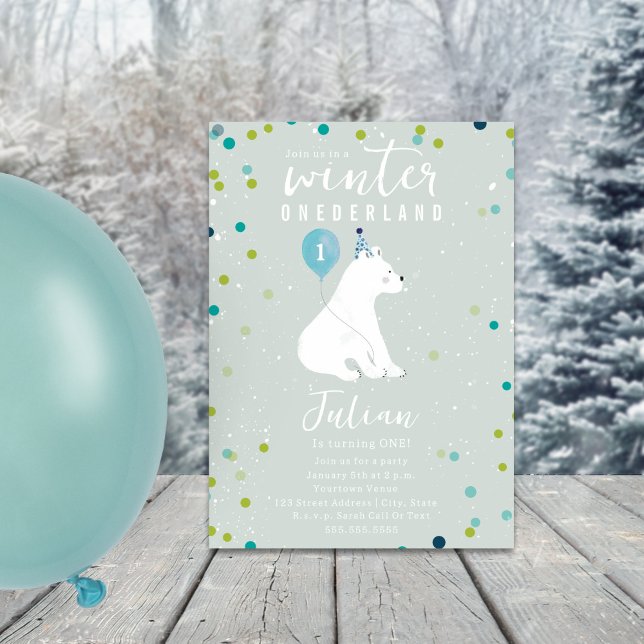 Winter Onederland Blue Polar Bear 1st Birthday Invitation (Creator Uploaded)