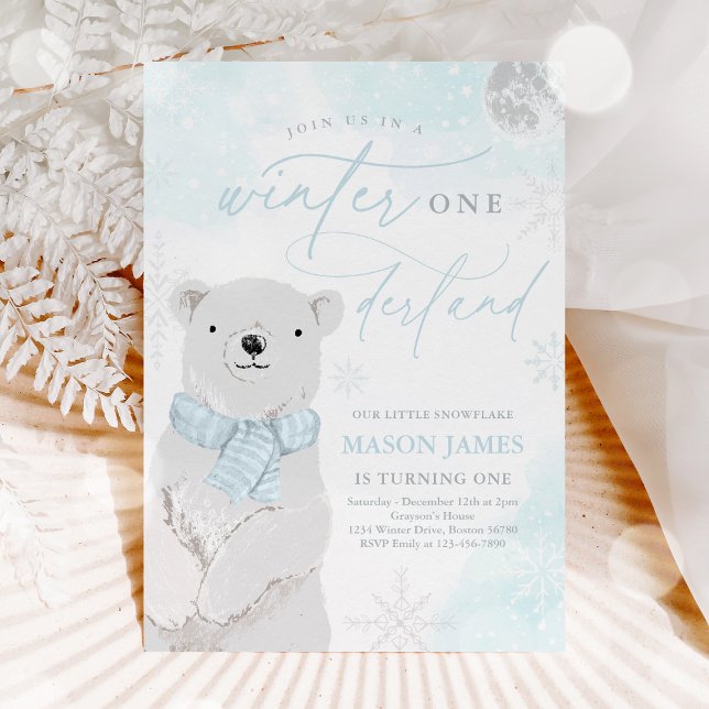 Winter Onederland Blue Polar Bear Birthday Invitation (Creator Uploaded)