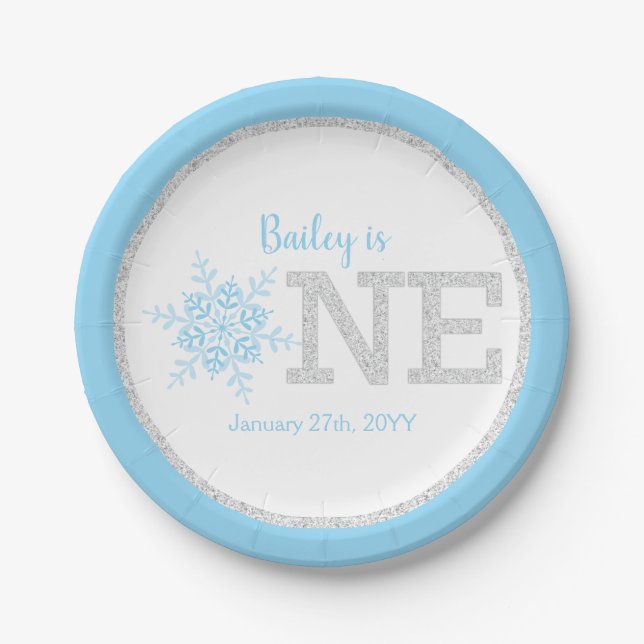 Winter ONEderland Blue Silver 1st Birthday Paper Plate (Front)