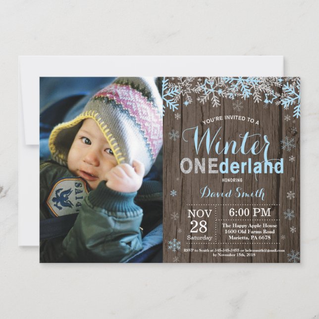 Winter Onederland Blue Silver Boy 1st Birthday Invitation (Front)
