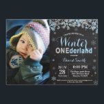 Winter Onederland Blue Silver Boy 1st Birthday Invitation<br><div class="desc">Rustic Winter Onederland Blue and Silver Boy 1st Birthday Invitation with custom photo. 1st First Birthday Party. Blue and Silver Glitter Snowflake. Boy Birthday Party Invitation. Winter Holiday Bday. 1st First Birthday. Chalkboard Background. Black and White. For further customisation, please click the "Customise it" button and use our design tool...</div>