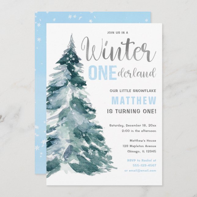 Winter ONEderland blue silver boy 1st birthday Invitation (Front/Back)