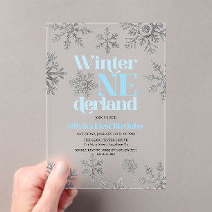 Winter Onederland Blue Silver Snowflake Birthday Acrylic Invitations