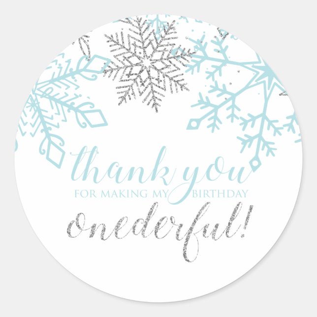 Winter Onederland Blue Silver Snowflake Favour Classic Round Sticker (Front)