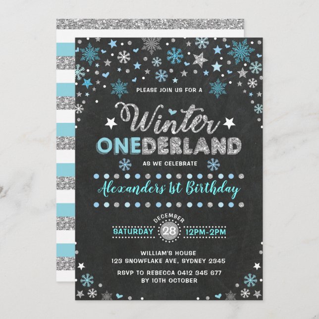 Winter ONEderland Blue Silver Snowflakes Birthday Invitation (Front/Back)
