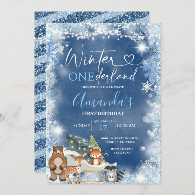 Winter Onederland Blue Snowflake Birthday Invitation (Front/Back)