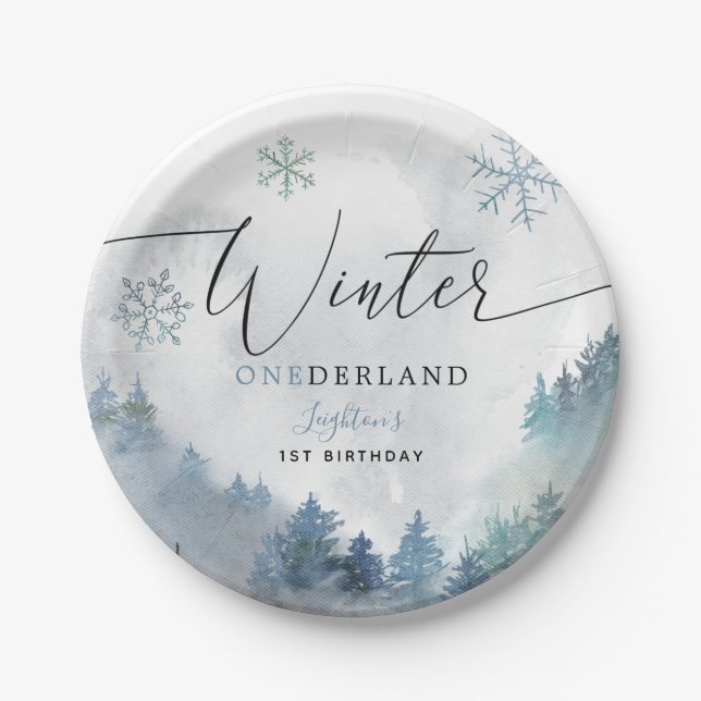 Winter ONEderland Blue Snowy Mountain Birthday Paper Plate (Front)