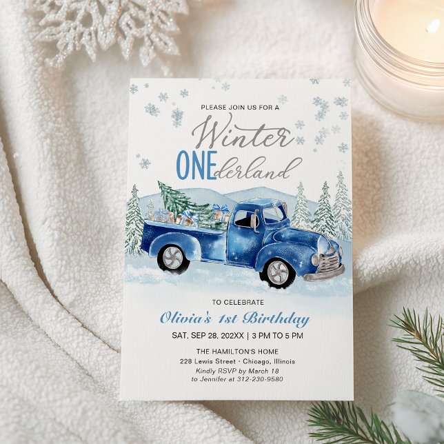 Winter Onederland Blue Truck First Birthday Invitation (Creator Uploaded)